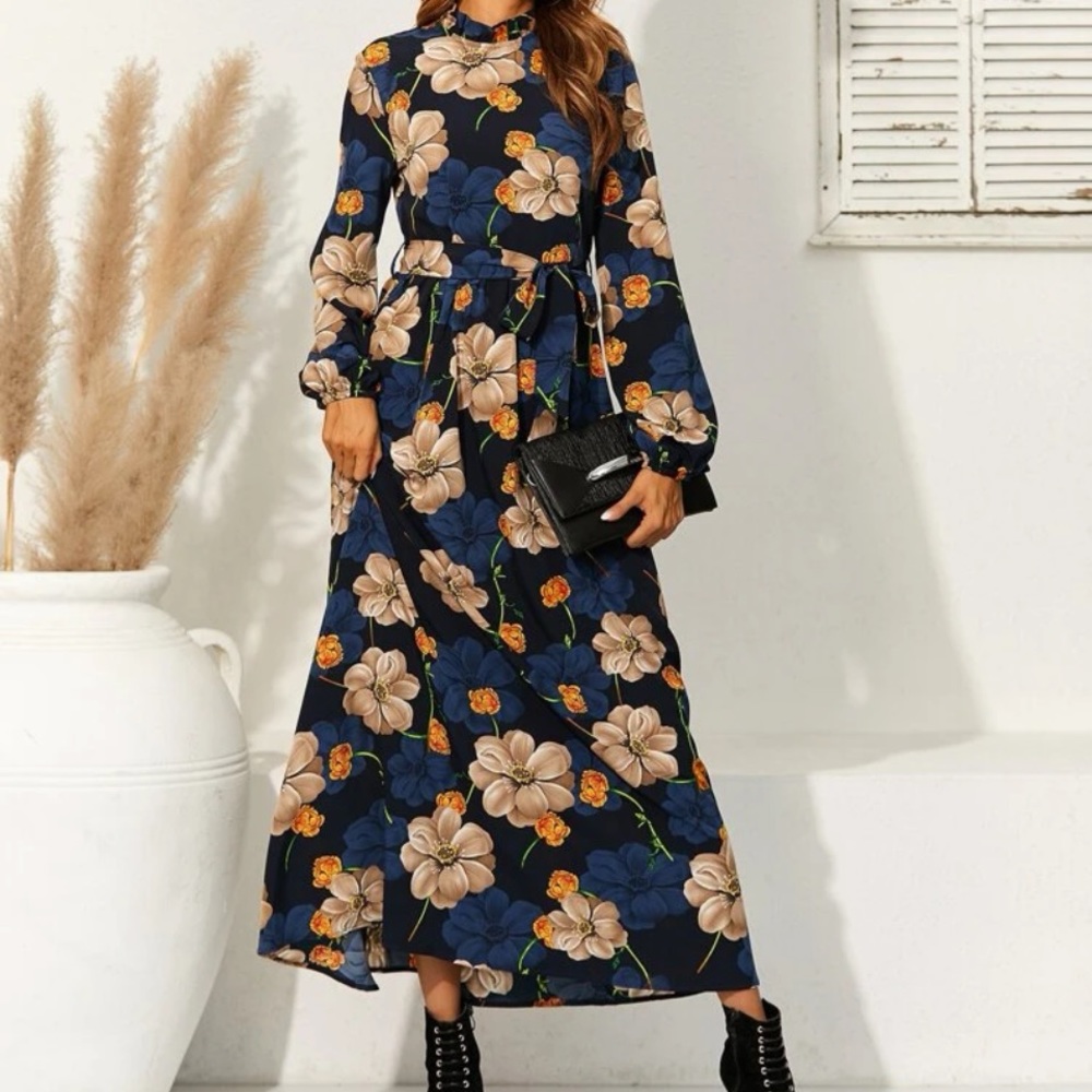 Long sleeve moc neck Dress with floral prints all over/  belt included.